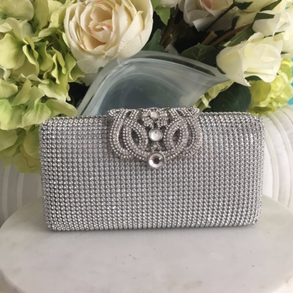 Saks Fifth Avenue Handbags - NEW Luxury Silver Evening Bag Crystal Clutch Purse